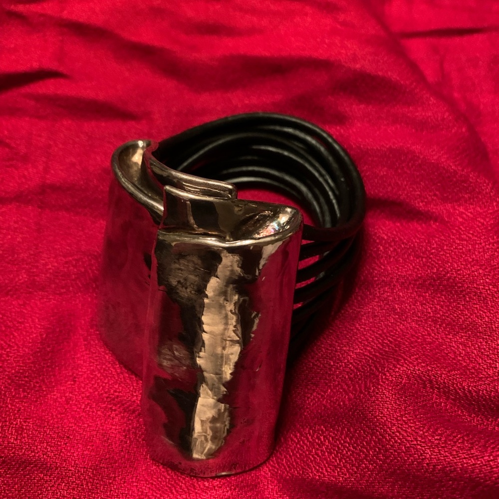 Silver Statement Cuff Bracelet With Black Wire Ba… - image 1